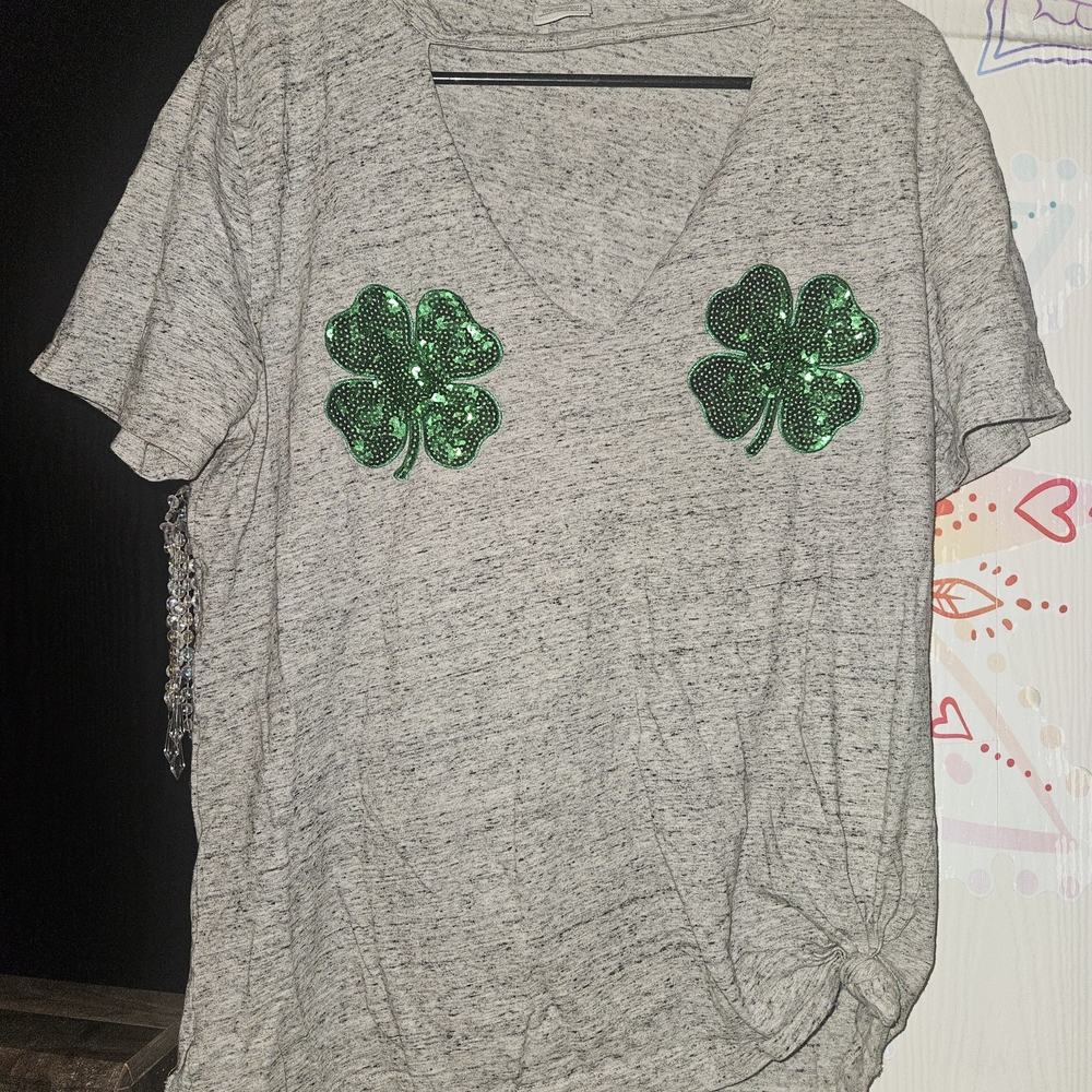 Pink Victoria Secret Gray T-Shirt with Green Sequin Shamrocks